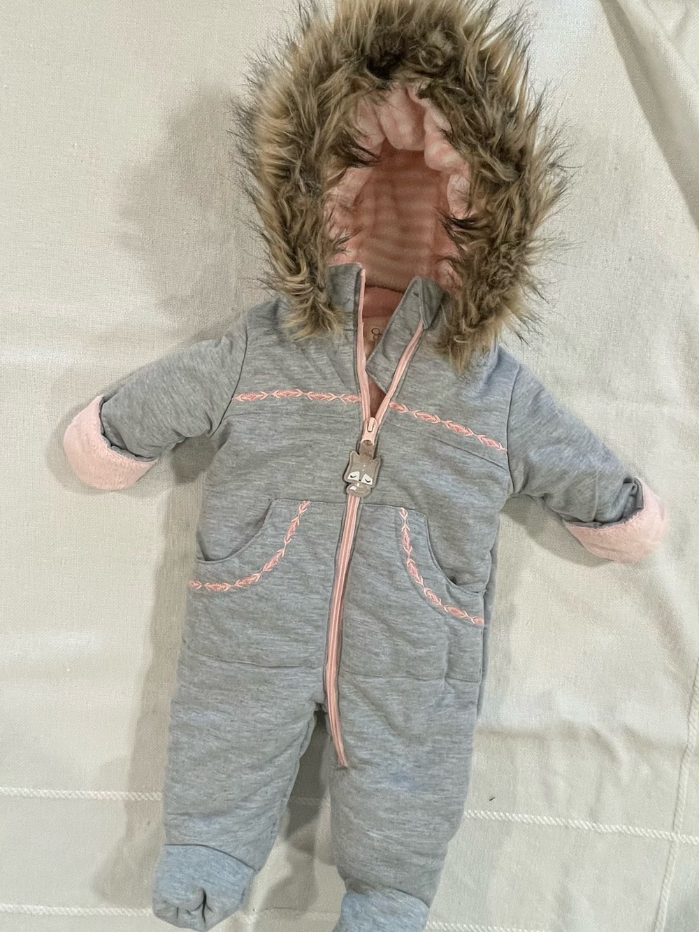 Grey and Pink Hooded Infant Snowsuit